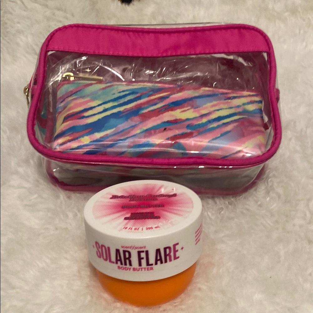 Pink & Multicolor Cosmetic Bag & Solar Flare Body Butter Brazilian caramel 10 Oz